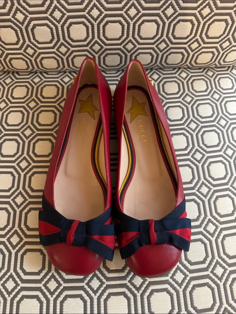 Gucci Red Leather Flats with Navy Ribbon Bow